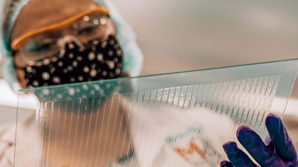 Dr Becky Bolton visually inspecting a screen printed layer on a large area solar cell module