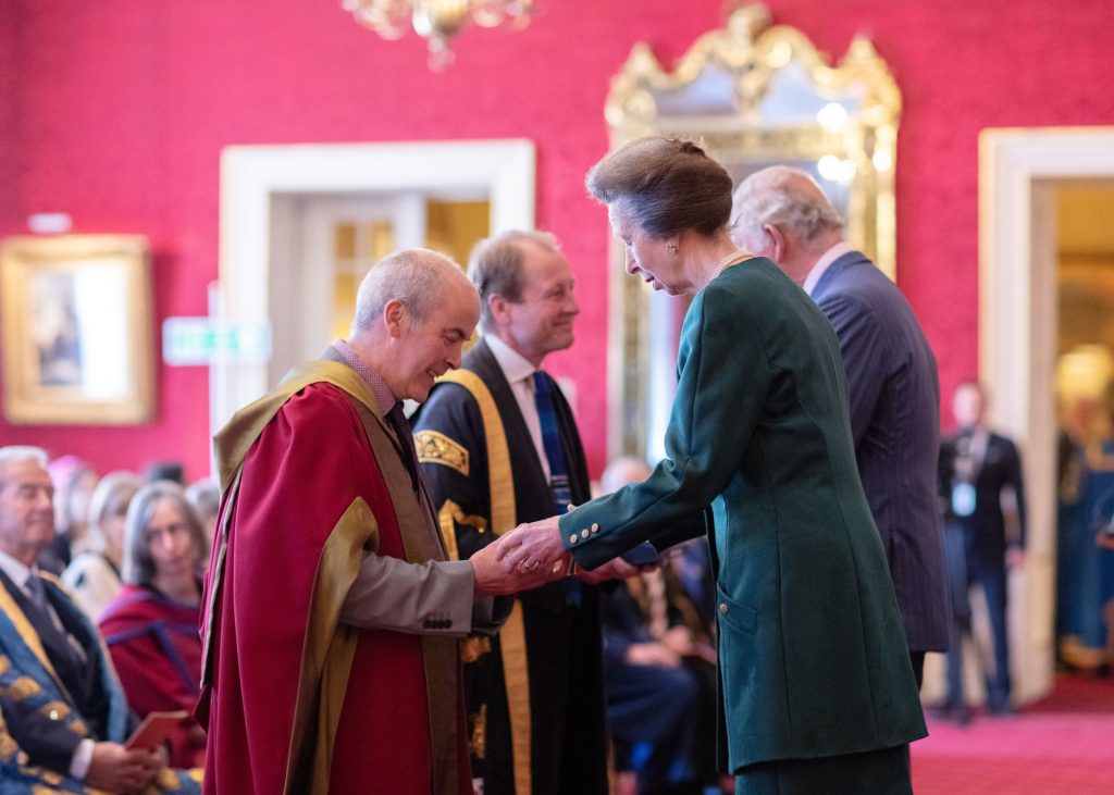 Prof Dave Worsley receiving the Queen's Anniversary Prize from the Princess Royal 